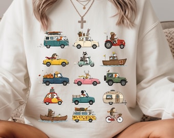 Retro Animal Cars Graphic Sweatshirt, Vintage Illustration Shirt, Nostalgic Cartoon T-Shirt, Toddler Cute Animal Driving Top