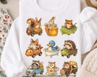 Retro Animal Cars Glitter Graphic Sweatshirt, Vintage Illustration Shirt, Nostalgic Cartoon T-Shirt, Toddler Cute Animal Driving Top