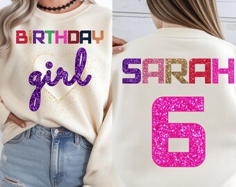 Personalized Birthday Girl Shirt, Custom Name Glitter Tee, Rainbow Birthday T-Shirt for Girls, Glitter Party Gift
