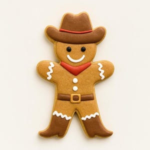 Op de afbeelding: Een peperkoeken cowboykoekje met een bruine hoed, laarzen en riem. De koek heeft een rode bandana, witte glazuurdetails en een lachend gezicht. Een feestelijke traktatie voor de feestdagen.