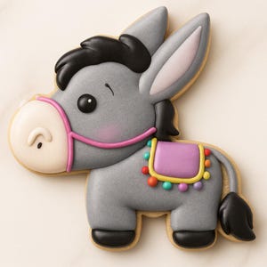 May include: A donkey-shaped sugar biscuit decorated with grey icing, a black mane and tail, and a white muzzle. It features a pink halter, a purple saddle blanket with a yellow border, and colourful icing pom-poms along the bottom edge.