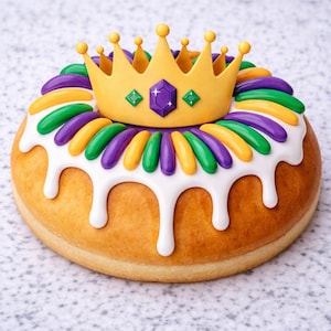 Könnte beinhalten: Ein runder, goldbrauner Donut mit weißer Glasur, die an den Seiten herunterläuft. Er ist mit gelben, grünen und lila Süßigkeiten verziert und mit einer gelben Krone mit lila und grünen Edelsteinen gekrönt. Der Donut liegt auf einer weiß-grau gesprenkelten Oberfläche.
