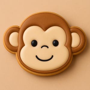 May include: A monkey-shaped cookie with a smiling face. The cookie features a light brown outline, a tan face, and dark brown details for the ears and top of the head. The eyes are black, and the mouth is a curved line.