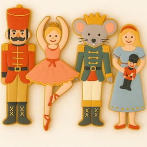 May include: Four colourful, cartoon-style figures from the Nutcracker ballet. A nutcracker soldier in red, a ballerina in pink, a mouse king in green, and a girl in blue holding a toy soldier. The figures are outlined in brown and have yellow accents.