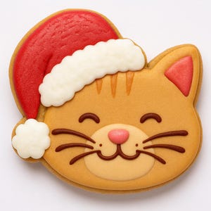 May include: A festive cat-shaped cookie decorated with orange icing and a red Santa hat with white trim. The cookie features a smiling face with brown whiskers, a pink nose, and a light orange inner ear. A delightful treat for the holiday season.