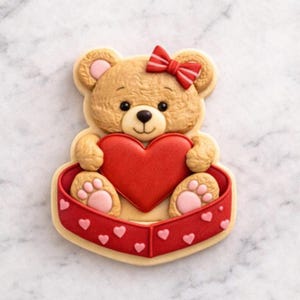 Può includere: Un biscotto a forma di orsetto con un cuore rosso e un fiocco rosso. L'orso è marrone chiaro con accenti rosa. Il cuore è rosso e il biscotto è in una scatola rossa decorata con piccoli cuori bianchi.