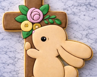 Bunny Hugging_Cross Cookie Cutter | Easter Religious Cookie Cutter | Christian Bunny Cookie | Cross Cookie Cutter | Spring Faith Cookies