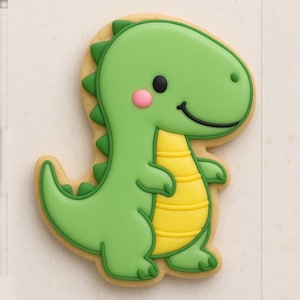 May include: A dinosaur-shaped cookie with green icing, a yellow belly, and a smiling face. The cookie has a light brown, slightly textured base and is decorated with black, pink, and green details. The dinosaur has a friendly expression.