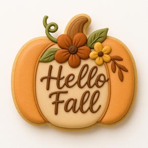 May include: A pumpkin-shaped cookie with orange icing and a tan center. The cookie is decorated with brown flowers, green leaves, and the words "Hello Fall" in brown script. A perfect treat for autumn.