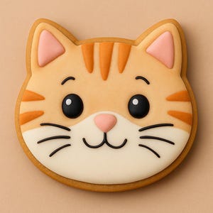 May include: A cat-shaped cookie with orange and tan icing. The cookie features black eyes, whiskers, and a pink nose. The cookie is outlined with a brown border and sits on a tan surface.
