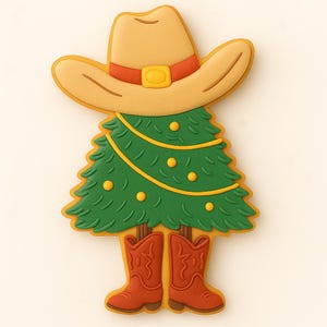 Könnte beinhalten: Ein skurriles Weihnachtsplätzchen in Form eines Cowboys. Der Keks hat einen beigefarbenen Cowboyhut mit rotem Band und goldener Schnalle, einen grünen Weihnachtsbaumkörper mit gelben Ornamenten und rote Cowboy-Stiefel.