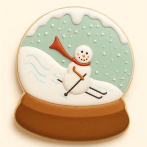 May include: A snow globe biscuit featuring a snowman skiing on a snowy slope. The snowman wears a red scarf and skis. The background is a light teal colour with white dots. The base of the globe is brown.