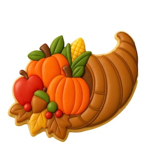 May include: A detailed, colorful cookie shaped like a cornucopia, filled with autumn harvest elements. The cookie features two orange pumpkins, a red apple, green leaves, and a yellow corn cob. The horn is brown with detailed ridges.
