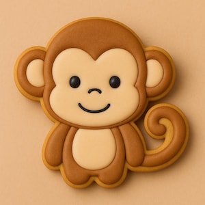 May include: A monkey-shaped cookie with a brown body, tan face, and a brown outline. The monkey has black eyes and a curved smile. The cookie's tail is curled, and the background is a solid tan color.