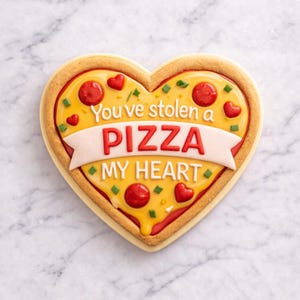 Może przedstawiać: Ciasteczko w kształcie serca, udekorowane na wzór pizzy. Ciasteczko ma żółtą podstawę z czerwonym pepperoni i zielonymi ziołami. Biały baner pośrodku głosi "PIZZA MY HEART" ze słowami "You've stolen a" powyżej.