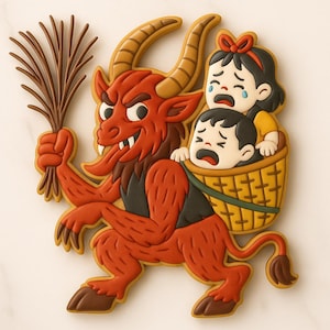 Puede incluir: Una galleta caprichosa que representa una criatura roja con cuernos que lleva a dos niños llorando en una cesta tejida. La criatura sostiene un manojo de palos marrones. La galleta tiene un diseño detallado con glaseado marrón, rojo, negro, amarillo y blanco.