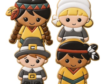 May include: Four Thanksgiving-themed cookies. Two cookies depict Native American figures, one with a feather headdress. The other two cookies are of a pilgrim man and woman. All cookies have detailed icing.