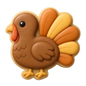 Könnte beinhalten: Ein dekorierter Zuckerkeks in Form eines Truthahns. Der Keks hat einen braunen Körper, einen roten Wamm und einen gelben Schnabel. Die Schwanzfedern sind in Orange- und Gelbtönen gehalten. Der Keks befindet sich auf weißem Hintergrund.