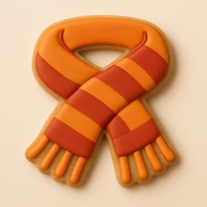 May include: A scarf-shaped cookie decorated with orange and red stripes. The cookie has a light brown base and is decorated with orange and red icing, creating a festive and appealing design. The scarf design is a popular theme for baked goods.