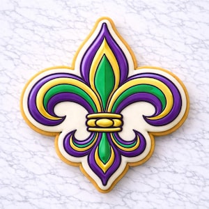 Könnte beinhalten: Ein dekorierter Keks in Form einer Fleur-de-Lis, mit lila, grüner und gelber Glasur. Der Keks hat eine beige Basis und einen goldbraunen Rand, vor einem weißen Marmorhintergrund. Das Design ist ein Symbol von New Orleans.