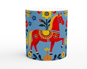 Swedish Folk Art Dala Horse Mug – Vibrant Kurbits Flowers, Scandinavian Coffee Cup