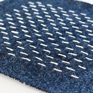 May include: Close-up of a section of indigo blue fabric with a repeating pattern of white, hand-stitched lines. The stitches are evenly spaced and create a textured surface. The fabric appears to be a natural fiber, possibly cotton or linen.