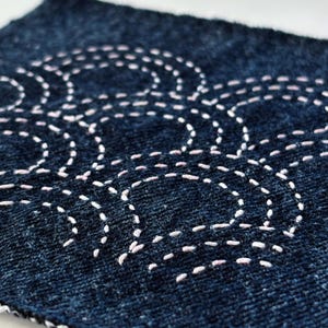 May include: Close-up of a dark blue textile with a white, chain-like stitched pattern. The stitching is in a continuous, flowing design across the fabric. The texture of the fabric is visible, with a slightly rough appearance.