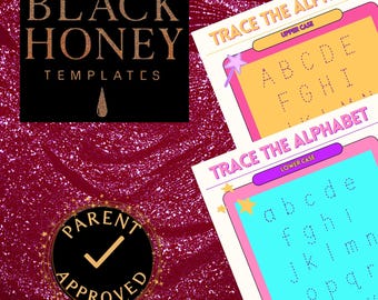 Op de afbeelding: Afbeelding met educatieve sjablonen. Toont "TRACE THE ALPHABET" in hoofdletters en kleine letters. De afbeelding bevat ook een "PARENT APPROVED" zegel en het logo "BLACK HONEY TEMPLATES", alles tegen een getextureerde achtergrond.