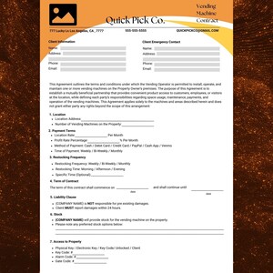 May include: A vending machine contract template from Quick Pick Co. The document has a gold and orange border and includes sections for client information, payment terms, restocking frequency, and liability clauses. The text includes the company's contact information.