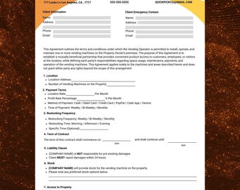 Contrat de distributeur automatique, modèle, contrat d'opérateur, formulaire de placement du fournisseur, contrat modifiable pour une petite entreprise, Canva