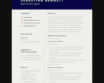May include: A professional resume template for a real estate agent, featuring the name "SEBASTIAN BENNETT" at the top. The resume includes contact information, education, certifications, skills, and work experience. The design is clean with a navy blue header.