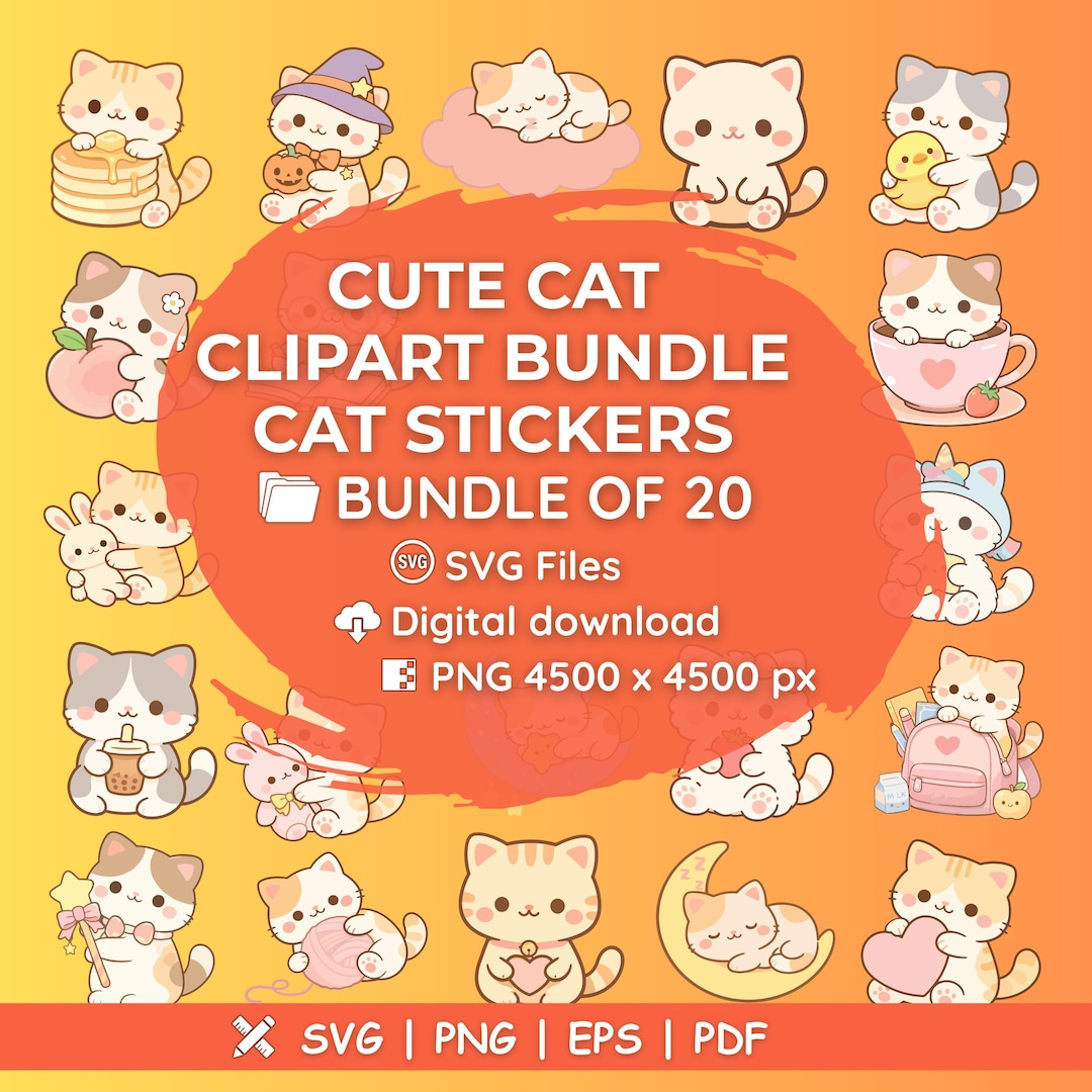 Kawaii Cat Clipart Bundle SVG PNG | Pastel Cat Stickers, 20 Designs ...