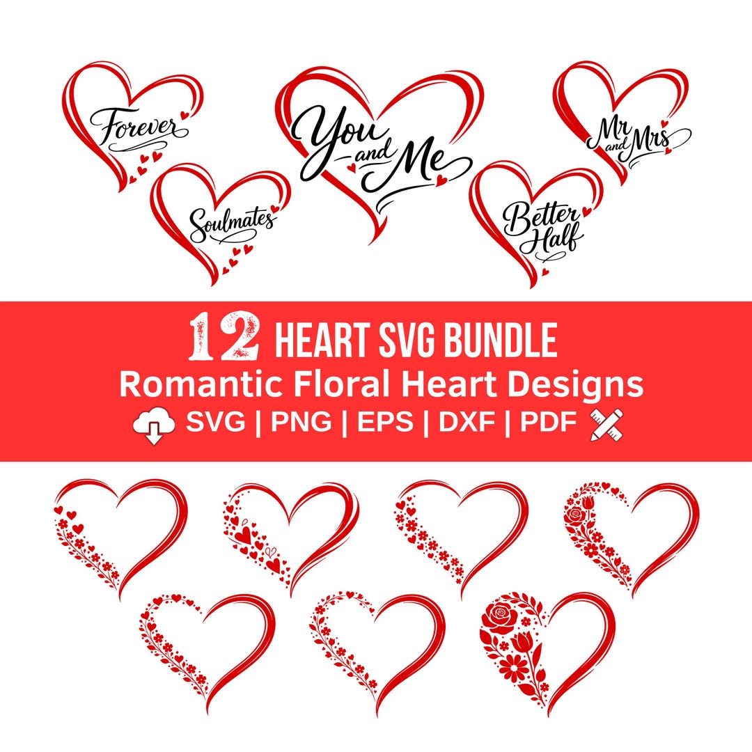 Romantic Vector Dxf 12 Romantic Floral Heart SVG PNG Clipart Bundle, Eps, Dxf, Pdf (digital ...