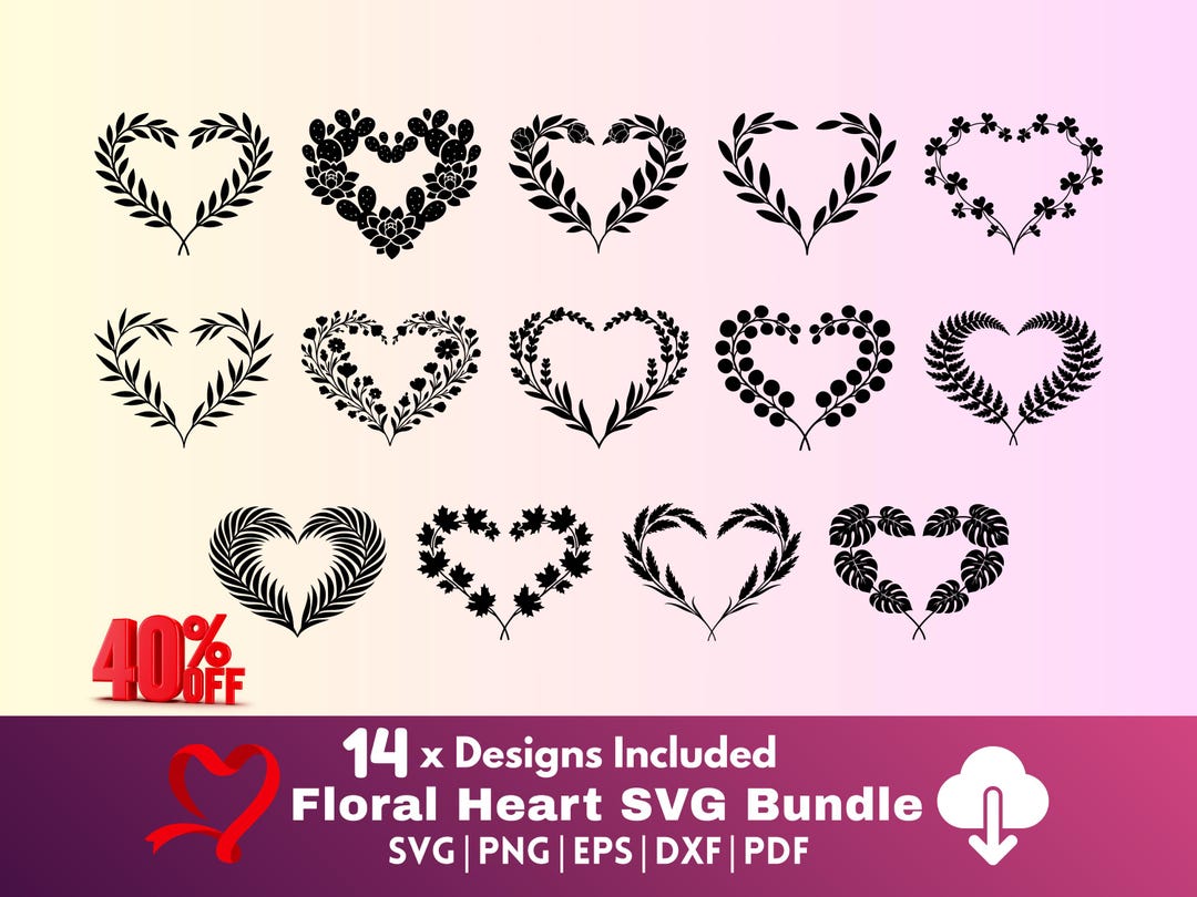 Floral Heart SVG Bundle, Botanical Rose Daisy Wildflower Designs (svg ...