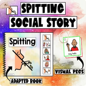 May include: An adapted book titled "Spitting Social Story" with illustrations and the words "Visual PECS." The cover shows a person spitting, with a line through the image. Additional illustrations show social scenarios. The background is a mix of colors.