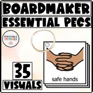 Op de afbeelding: Een set Boardmaker Essential PECS-kaarten met 35 visuals, waaronder een kaart met een illustratie van gevouwen handen en de tekst safe hands. De kaarten worden bij elkaar gehouden door een zilveren metalen ring. De tekst BOARDMAKER ESSENTIAL PECS en 35 VISUALS staat op de kaartenset gedrukt, samen met een cirkelvormig logo met de tekst individualized VISUALS.