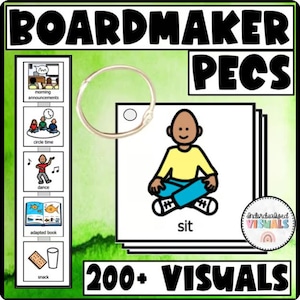 May include: A set of Boardmaker PECS communication cards featuring a metal binder ring. The cards display colorful illustrations of daily activities like morning announcements, circle time, dance, adapted book, and snack, with the text sit below.