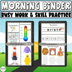 Könnte beinhalten: Ein schwarzer Ordner mit dem Text "MORNING BINDER" und "BUSY WORK & SKILL PRACTICE". Im Inneren befinden sich Seiten für Wetter, Temperatur, Namensschreiben und Formensortierung. Enthält Illustrationen von Kleidung und Formen.