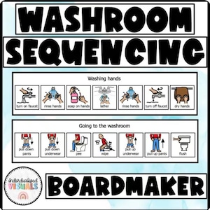 May include: A visual aid titled WASHROOM SEQUENCING featuring two rows of illustrated steps. The top row shows hand washing, and the bottom row shows using the toilet. Each step includes a simple drawing and text labels like turn on faucet, rinse hands, soap on hands, lather, dry hands, pull down pants, wipe, and flush.