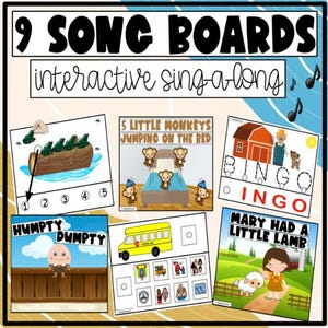 May include: Nine song boards with interactive sing-a-long themes. The boards feature illustrations for songs like "Five Little Monkeys Jumping on the Bed," "Humpty Dumpty," and "Mary Had a Little Lamb." The image includes musical notes.