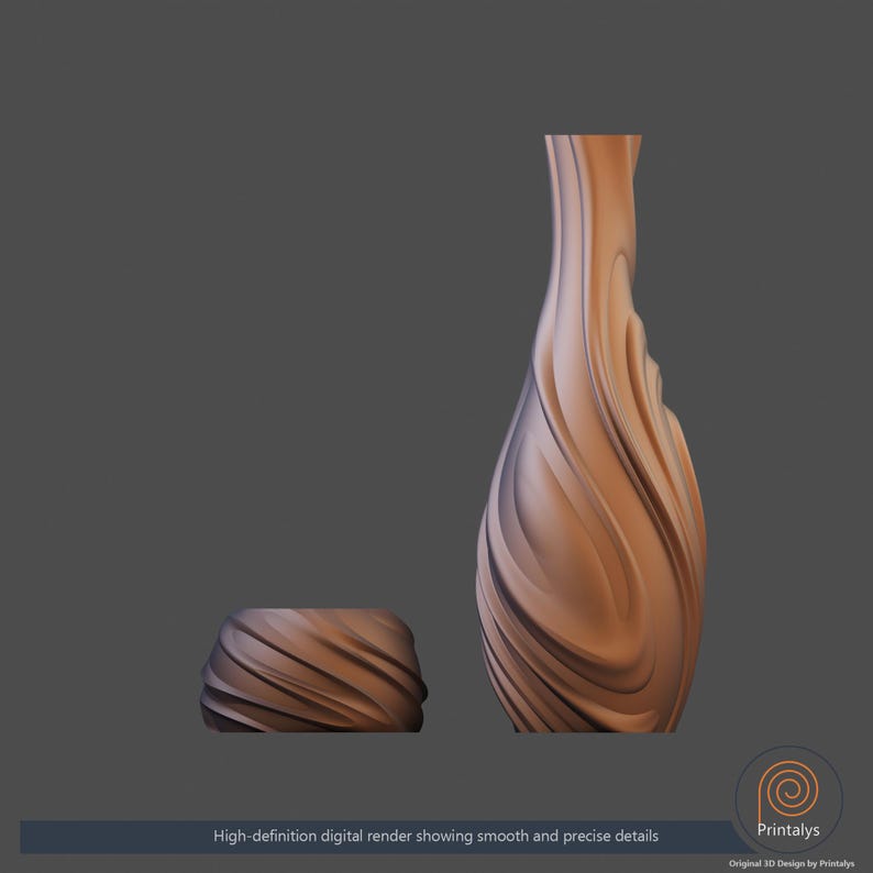 May include: A digital render of two brown decorative items with a swirling design. One is a tall vase, and the other is a small, round container. The image includes the text "High-definition digital render showing smooth and precise details."