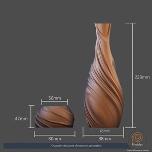 May include: Two brown decorative vases. The taller vase is 22.8cm tall, with a base of 8.8cm and a top of 6.5cm. The smaller vase is 4.7cm tall and 8cm wide. Both vases have a spiral design. The dimensions are scalable.