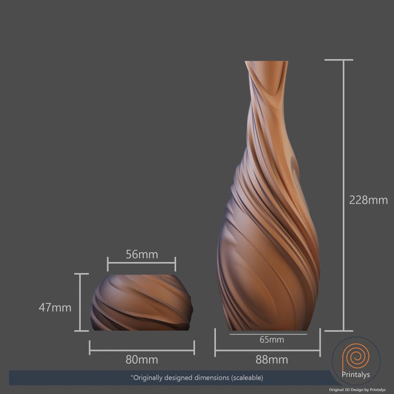 May include: Two brown decorative vases. The taller vase is 22.8cm tall, with a base of 8.8cm and a top of 6.5cm. The smaller vase is 4.7cm tall and 8cm wide. Both vases have a spiral design. The dimensions are scalable.