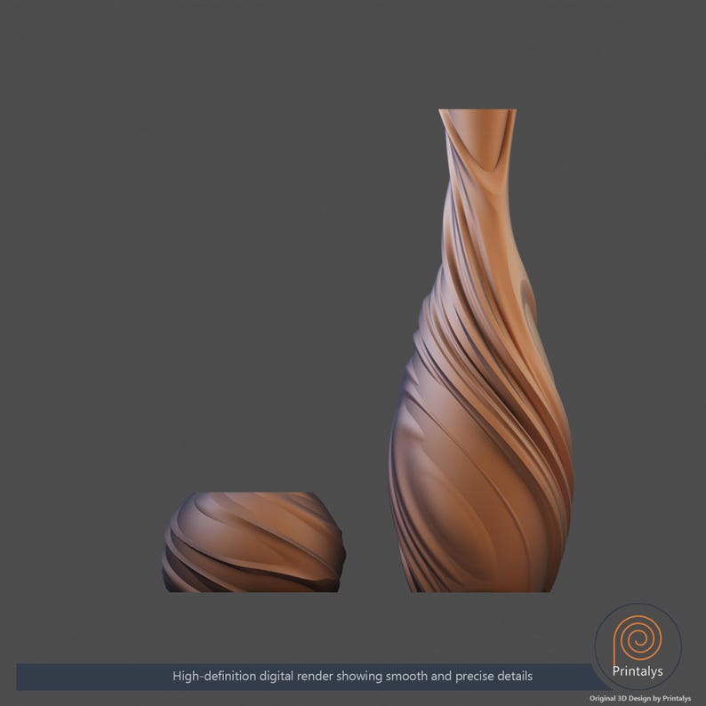 May include: A digital render of two brown decorative objects. One is a tall, slender vase with a swirling, ridged design. The other is a shorter, rectangular container with a similar pattern. The text at the bottom reads "High-definition digital render showing smooth and precise details."