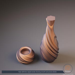 May include: A digital render of two decorative objects. One is a vase with a twisted design, and the other is a small, round candle holder. Both are in shades of tan and purple. The text at the bottom reads "High-definition digital render showing smooth and precise details."