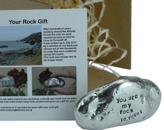 10th Anniversary You Are My Rock Gift Idea - Solid Metal Heavy Polished Rock Gift for 10 Year Anniversary