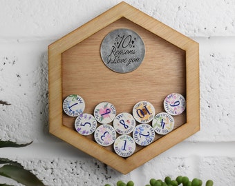 10th Anniversary 10 Reasons I Love You Wooden Wall Frame - 100% Pure Tin Disc - Full Colour Love Tokens