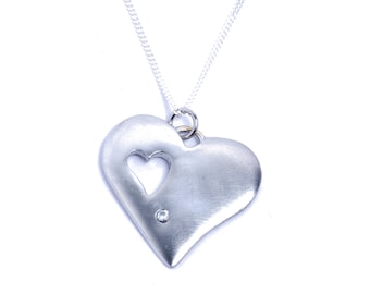 Tenth Wedding Anniversary Textured Tin & Diamond Heart Pendant (EDHP9TX)