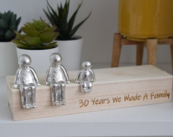 30 Years We Made a Family Sculpture | 30th Pearl Anniversary Personalised Tin Figures in Wooden Box, Handmade UK