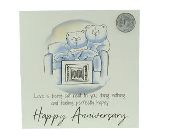 Cute Anniversary Card - Relaxed Bears Watching TV includes a Metal Love Token